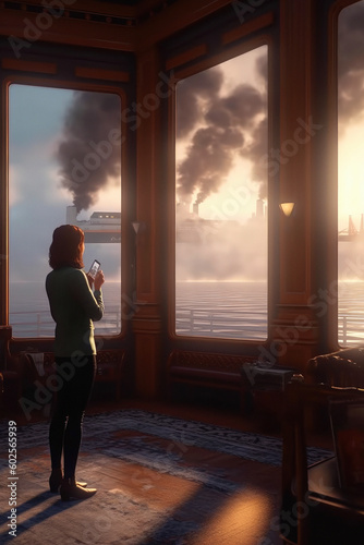 woman looking at an ocean liner, departing harbour. ai generative © ZoomTeam