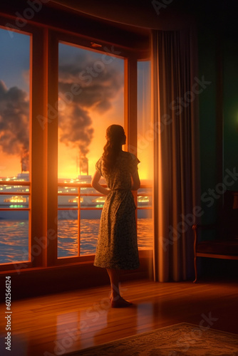 woman looking at an ocean liner, departing harbour. ai generative