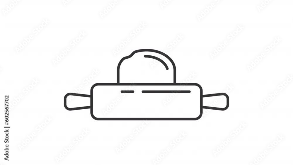 Animated rolling pin line icon. Roll out dough animation. Homemade pizza. Baking tool. Cooking lesson. Kitchen utensil. Loop HD video with alpha channel, transparent background. Outline motion graphic