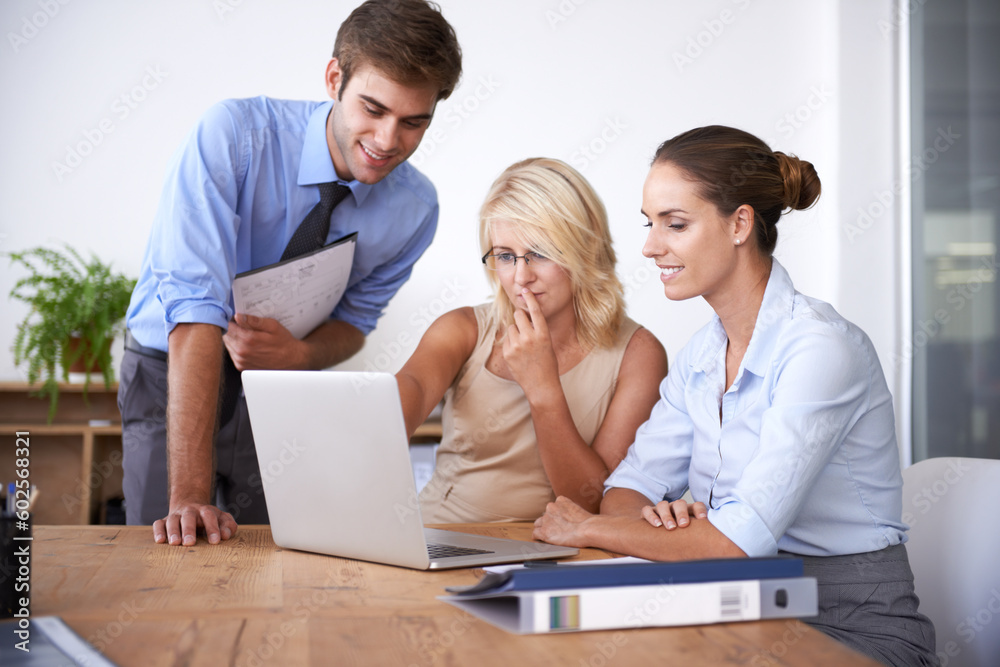 Business people, teamwork and planning on laptop in office for online project, research and decision making. Group of employees, computer and collaboration to review information, strategy or analysis Business people, teamwork and planning on laptop in office for online project, research and decision making. Group of employees, computer and collaboration to review information, strategy or analysis
