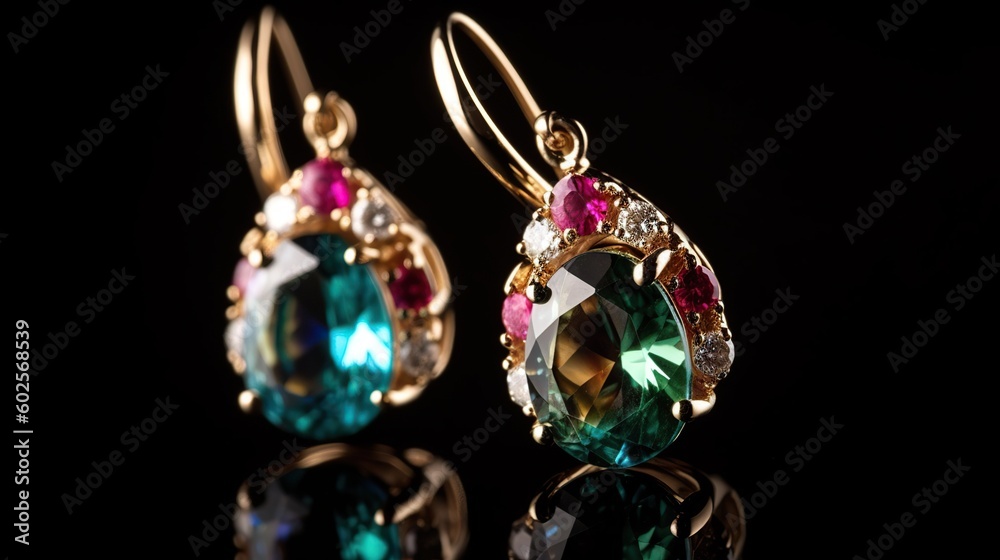 A pair of earrings with diamonds and crystals on black background A pair of earrings with diamonds and crystals on black background