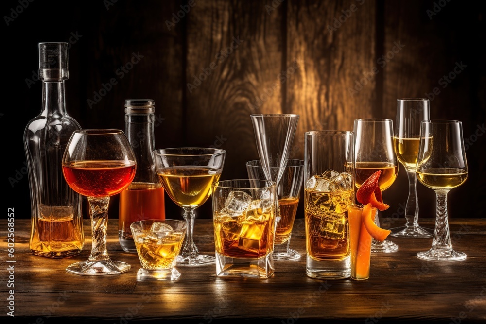 many glasses with elite alcohol on a wooden background. generative ai many glasses with elite alcohol on a wooden background. generative ai