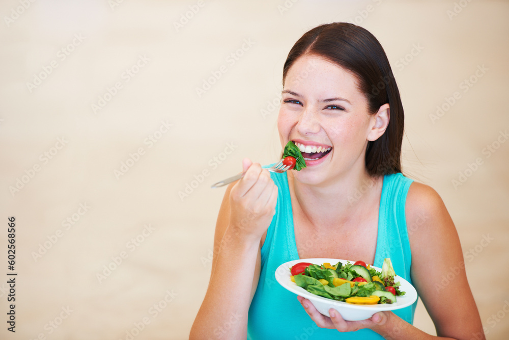 Woman, portrait and laughing with healthy food or salad with vegetables, nutrition and health benefits. Happy female person on a nutritionist diet and eating vegan for weight loss, wellness or mockup Woman, portrait and laughing with healthy food or salad with vegetables, nutrition and health benefits. Happy female person on a nutritionist diet and eating vegan for weight loss, wellness or mockup