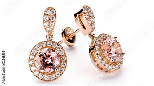 A pair of rose gold earrings with pink gemstones and diamonds on white background