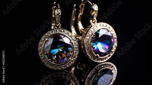 A pair of earrings with diamonds and crystals on black background