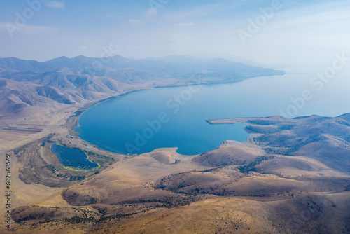 Aerial view of Sevan lake from above Mount Artanish on sunny autumn day. Gegharkunik Province, Armenia.