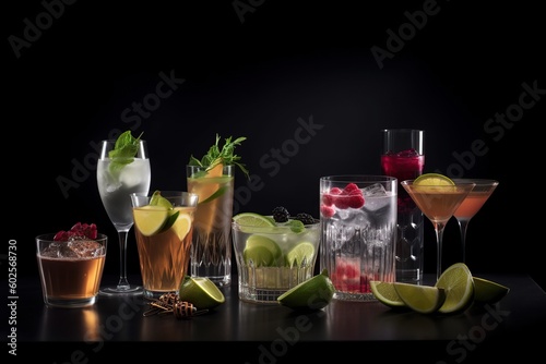 glass cocktail glasses with cocktails on a black background. time of evening life. club party  generative ai