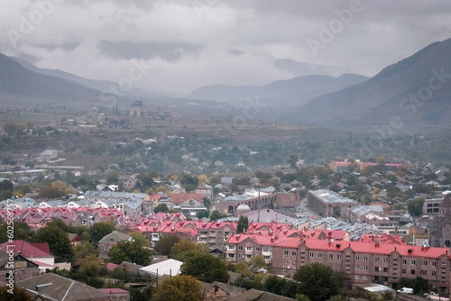 View of Spitak town on rainy autumn day. Lori Province, Armenia.