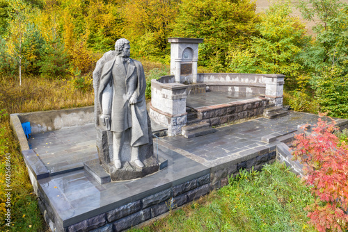 Aerial view of Pushkin monument not so far from Pushkin Pass on sunny autumn day. Gargar, Armenia. photo