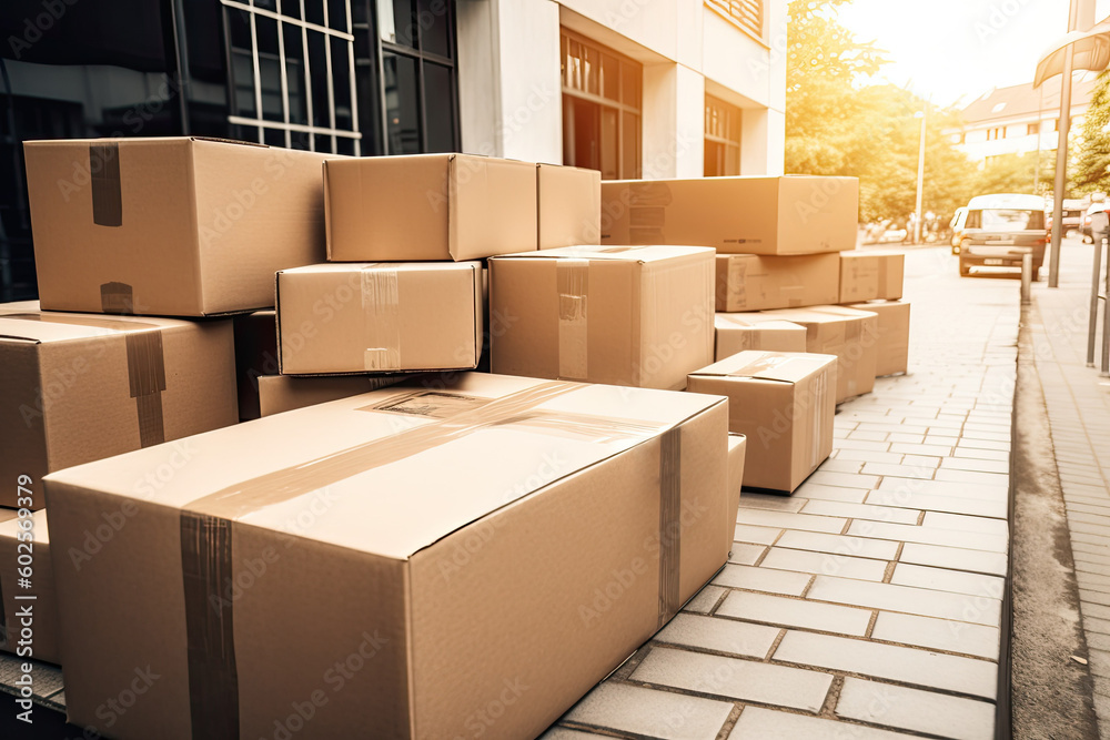 Lots of parcels unloaded on the street. Relocation concept. Generative AI Lots of parcels unloaded on the street. Relocation concept. Generative AI