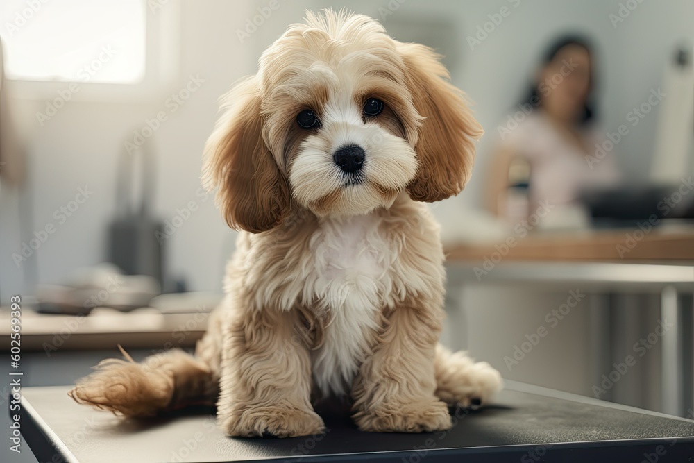 Cute dog sitting on table on blurred background veterinarian in veterinary clinic. Generative AI Cute dog sitting on table on blurred background veterinarian in veterinary clinic. Generative AI