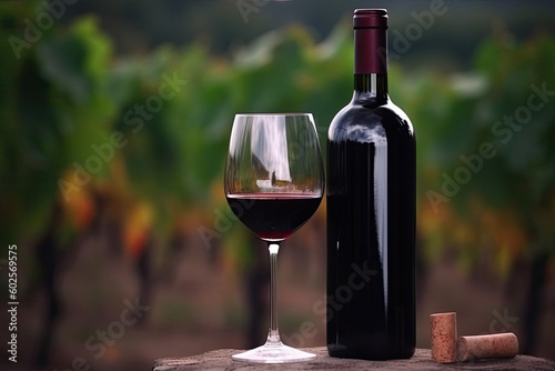 A glass of red wine with a bottle on the background of blurred vineyards. Generative AI