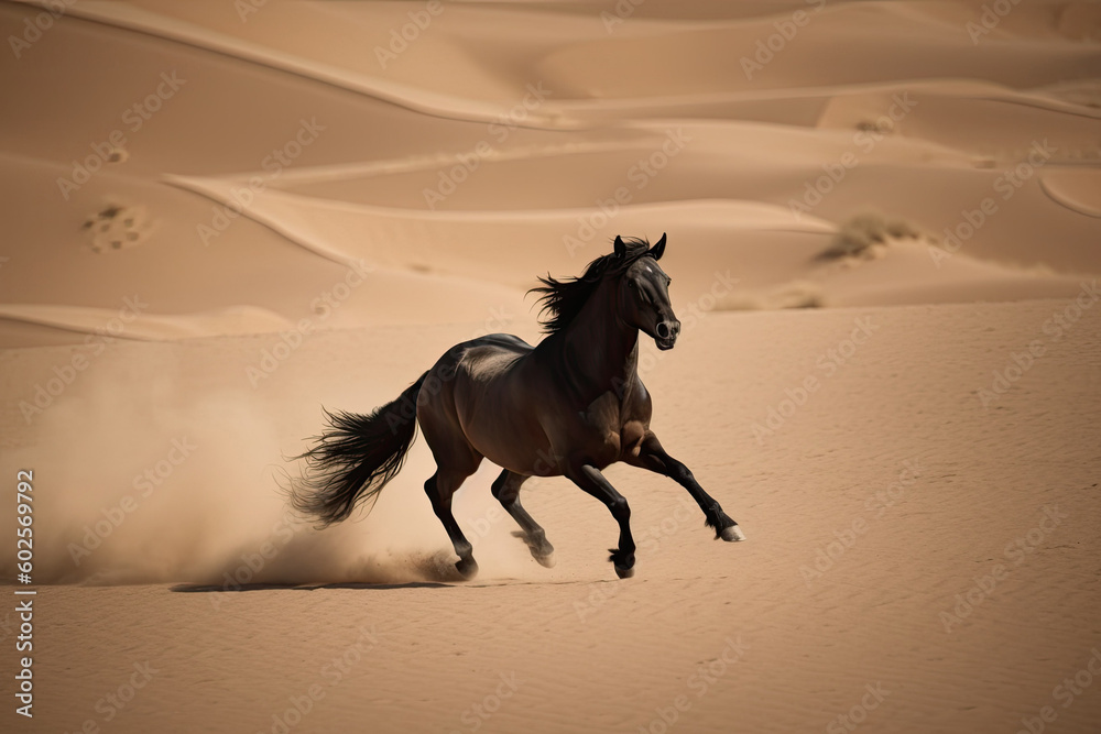 Wild bay horse gallops over the dunes of the desert. Generative AI Wild bay horse gallops over the dunes of the desert. Generative AI
