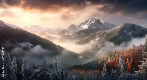 Beautiful view of mountains and trees covered with snow and fog in Kazakhstan