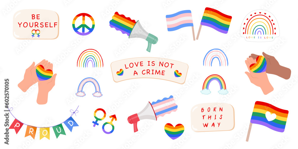 LGBTQ set. LGBT sticker pack on white background. Symbol of the LGBT pride community. Rainbow elements. LGBTQ set. LGBT sticker pack on white background. Symbol of the LGBT pride community. Rainbow elements.