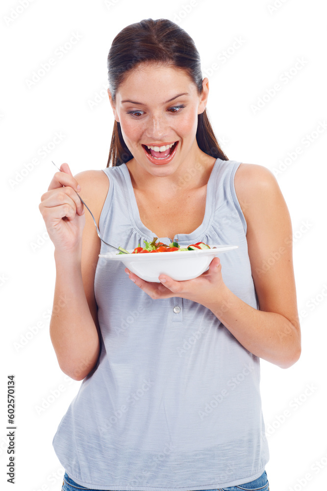 Happy woman, studio surprise and wow salad for weight loss diet, vegan healthcare or vegetables for wellness lifestyle. Food bowl, nutritionist and health model eating isolated on white background Happy woman, studio surprise and wow salad for weight loss diet, vegan healthcare or vegetables for wellness lifestyle. Food bowl, nutritionist and health model eating isolated on white background