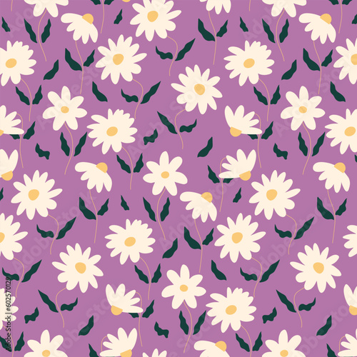 Floral pattern with daisies on a purple background.