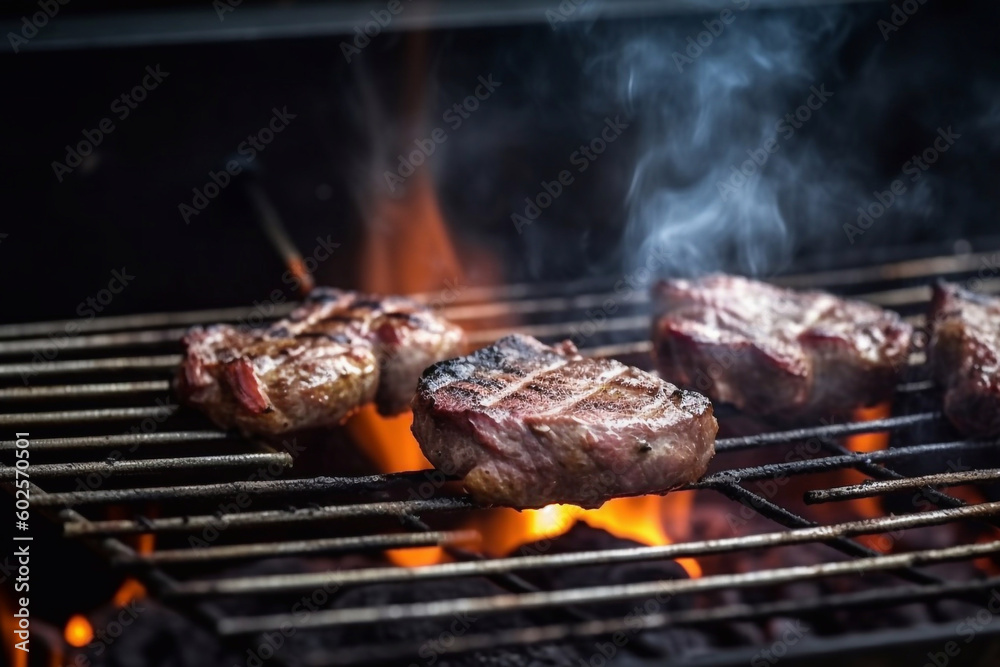 meat is grilled. flames around the meat. created with Generative AI technology meat is grilled. flames around the meat. created with Generative AI technology