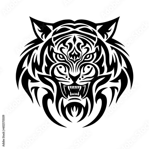 Fototapeta Naklejka Na Ścianę i Meble -  Tribal tiger head tattoo design. Ferocious tiger vector illustration. Roaring tiger head design
for logo, mascot, poster, and t-shirt print