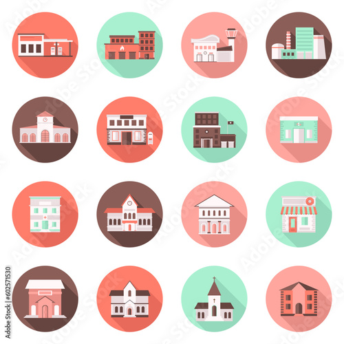 Colored and flat urban government buildings icons.