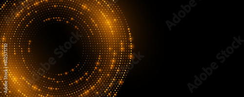 Digital circles of orange glowing particles. Big data visualization into cyberspace. Abstract round of dots. Information processing in a neural network. Vector Illustration.