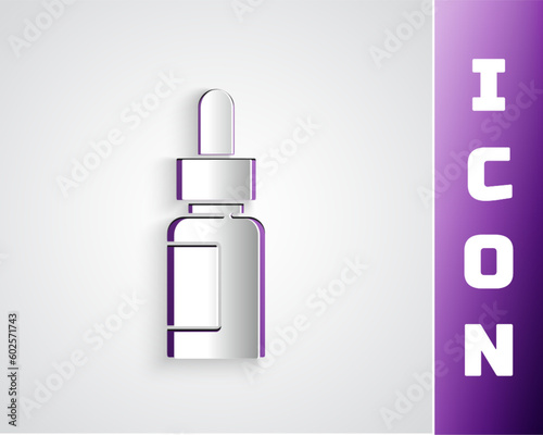 Paper cut Essential oil bottle icon isolated on grey background. Organic aromatherapy essence. Skin care serum glass drop package. Paper art style. Vector
