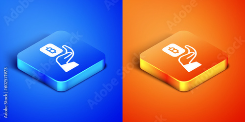 Isometric Hand holding Bitcoin icon isolated on blue and orange background. Blockchain technology, digital money market, cryptocoin wallet. Square button. Vector