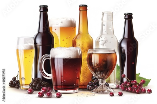 beer and wine isolated on white background. Generated by AI