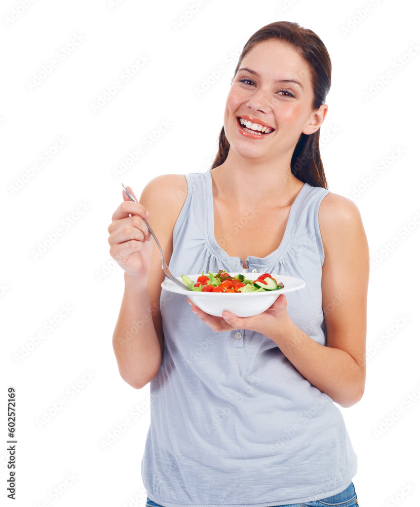 Happy portrait, studio and woman with salad for weight loss diet, vegan healthcare or vegetables in wellness lifestyle. Food bowl, nutritionist and health model eating isolated on white background Happy portrait, studio and woman with salad for weight loss diet, vegan healthcare or vegetables in wellness lifestyle. Food bowl, nutritionist and health model eating isolated on white background