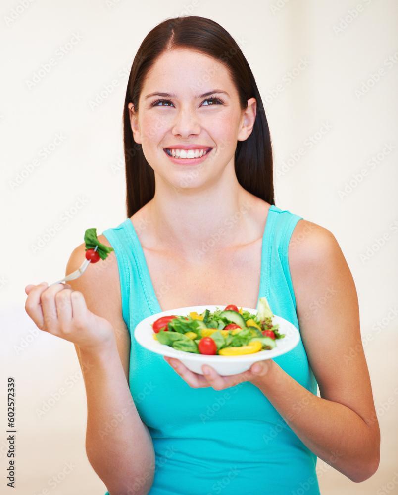 Woman, thinking and salad or healthy food with vegetables, nutrition and health benefits. Face of a happy female person on a nutritionist diet and eating vegan for weight loss, wellness or detox idea Woman, thinking and salad or healthy food with vegetables, nutrition and health benefits. Face of a happy female person on a nutritionist diet and eating vegan for weight loss, wellness or detox idea