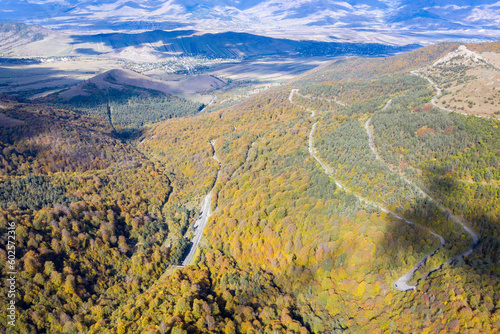 Aerial view of the road to Pushkin pass on sunny autumn day. Lori Province, Armenia. photo