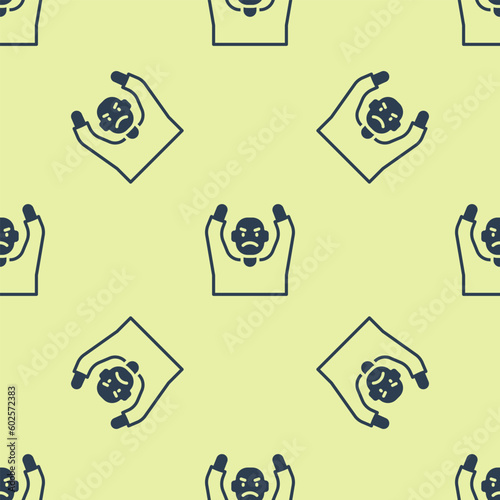 Blue Thief surrendering hands up icon isolated seamless pattern on yellow background. Man surrendering with both hands raised in air. Vector