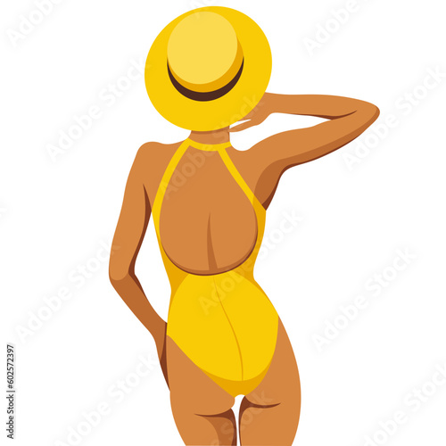 vector image on the theme of summer holidays. a beautiful slim woman in a yellow swimsuit sits with her back in a big hat, sunbathes, rests, relaxes in a tropical resort. isolated on white background.