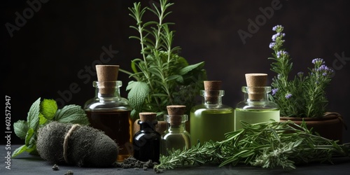 A selection of essential oils and fresh herbs, representing natural wellness and aromatherapy, concept of Botanical remedies, created with Generative AI technology © koldunova