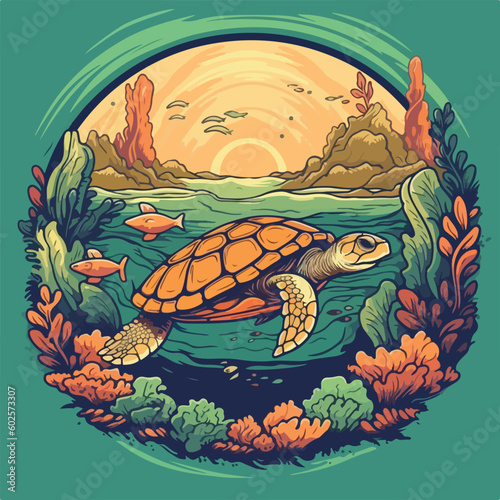 turtle swim in sea underwater scene vintage logo badge vector illustration