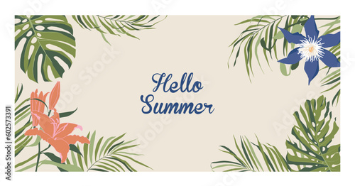 Colorful summer floral background with tropical leaves, and flowers