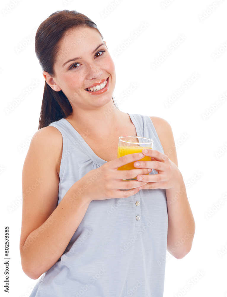 Orange juice, portrait smile and studio woman with drink glass for hydration, liquid detox or natural weight loss. Healthcare wellness, nutritionist beverage and model isolated on white background Orange juice, portrait smile and studio woman with drink glass for hydration, liquid detox or natural weight loss. Healthcare wellness, nutritionist beverage and model isolated on white background