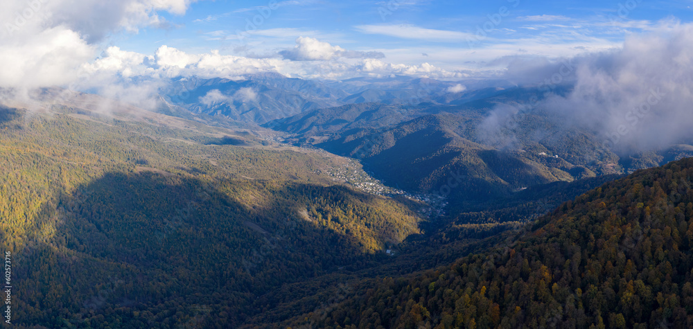Panoramic aerial view of Aghstev river valley on sunny autumn evening. Dilijan National Park, Tavush Province, Armenia.