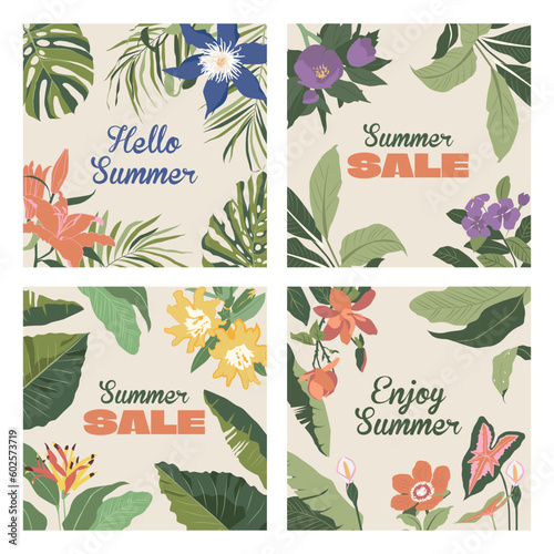 Vector beautiful colorful summer floral background with tropical leaves, and flowers