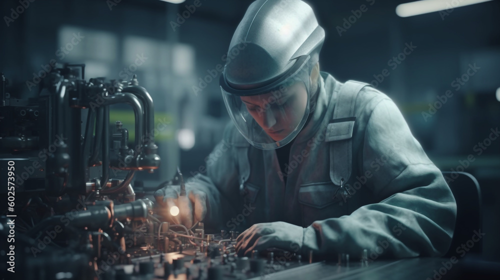 Generative Ai. a person wearing a helmet working on a machine . Generative Ai. a person wearing a helmet working on a machine .