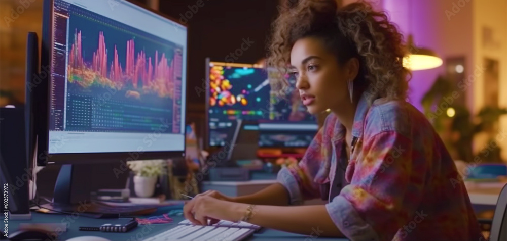 Generative Ai. a woman is sitting at a desk with a computer Generative Ai. a woman is sitting at a desk with a computer
