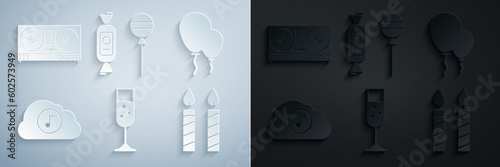 Set Glass of champagne, Balloons with ribbon, Music streaming service, Birthday cake candles, Lollipop and DJ remote for playing mixing music icon. Vector