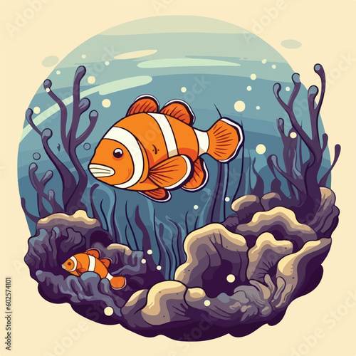 vintage nemo clown fish in under water sea ocean anemone coral scene view logo vector illustration