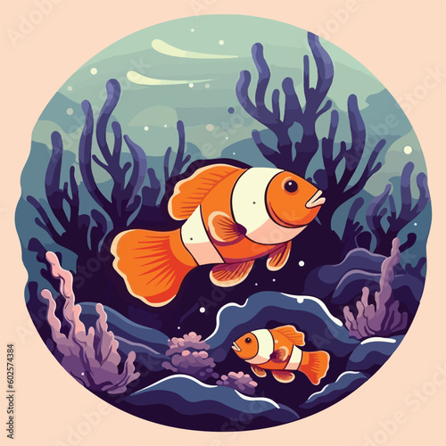 vintage nemo clown fish in under water sea ocean anemone coral scene view logo vector illustration