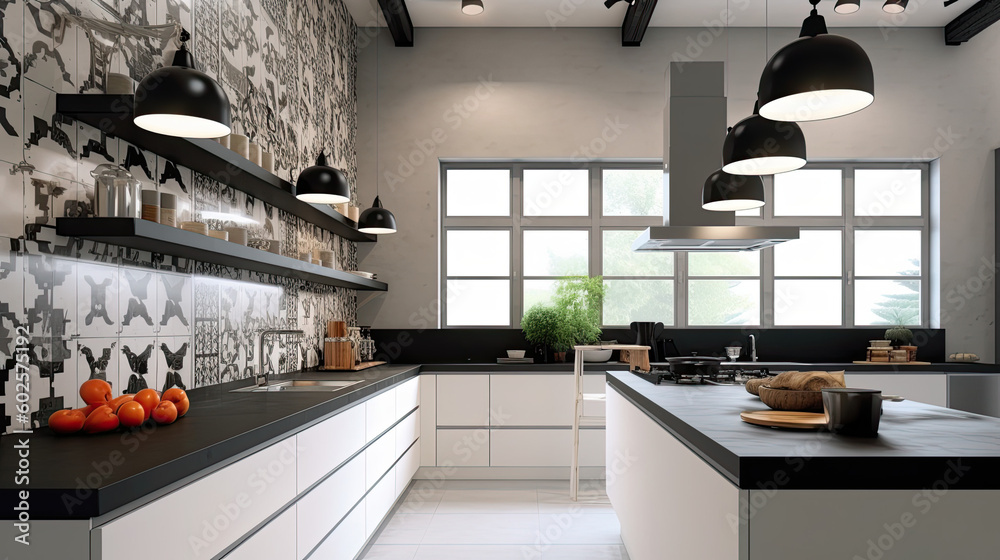 Industrial Chic Backsplash: Graphic Black and White Tiles for a Modern
