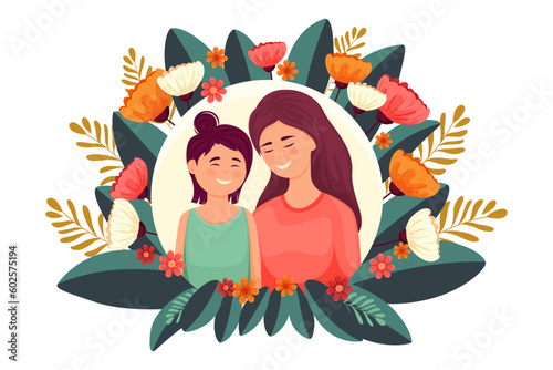 Happy mother and daughter , flower frame, leaves, plants, vector