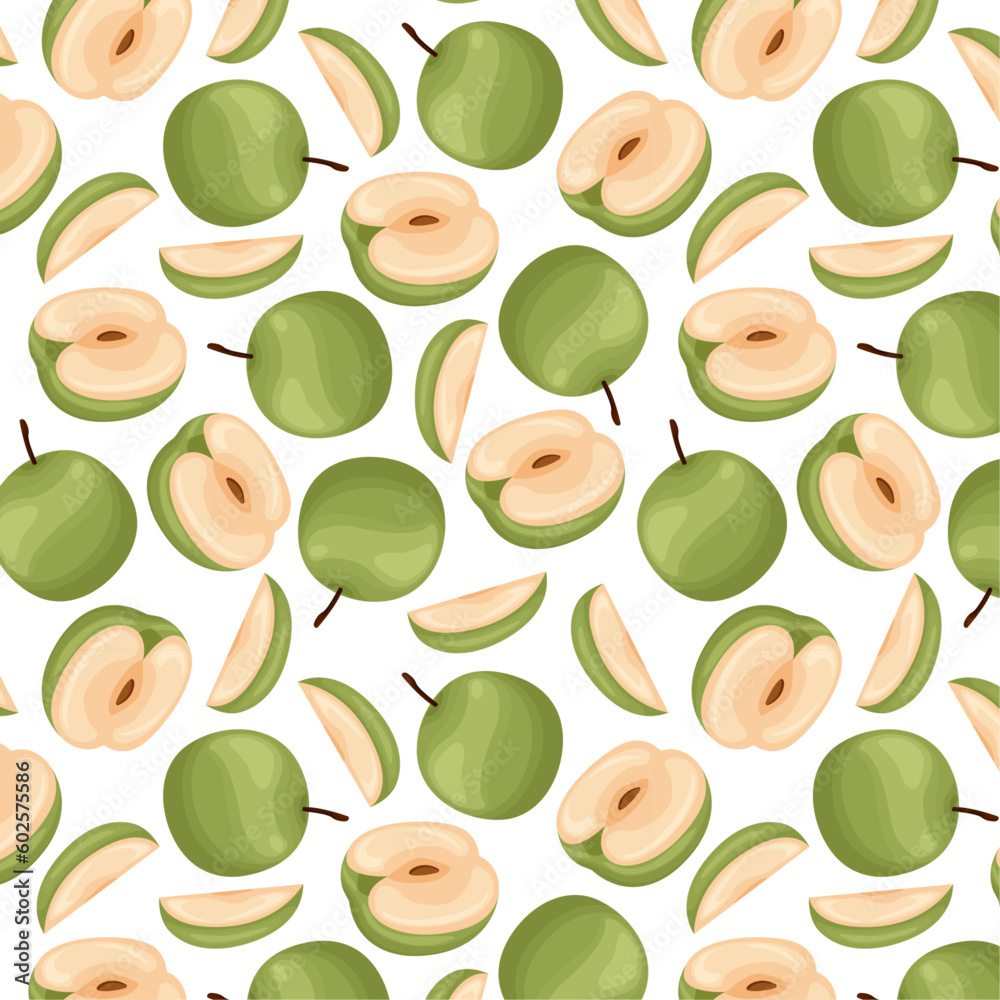 Seamless pattern with green apples, fruit, vector pattern