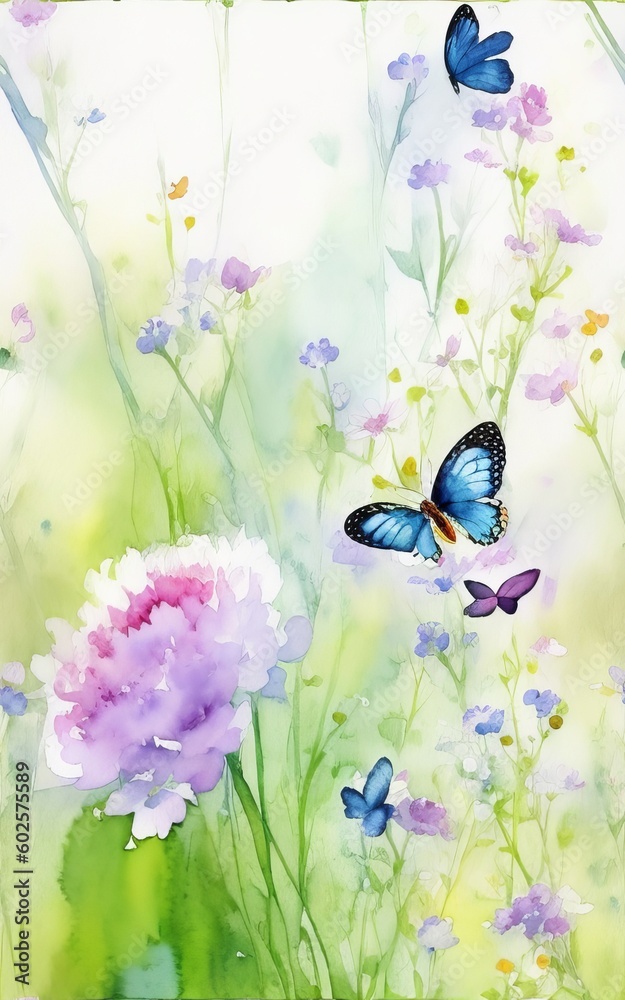 Embrace the Beauty of a Watercolor Painting with Blooming Flowers and Butterflies for a Captivating Aquarelle Wallpaper. Generative AI.