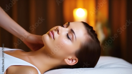 Beautiful young woman relaxing in a spa salon on a light background 
