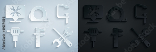 Set Calliper or caliper and scale, Clamp screw tool, Construction jackhammer, Screwdriver wrench, Roulette construction and Location with icon. Vector